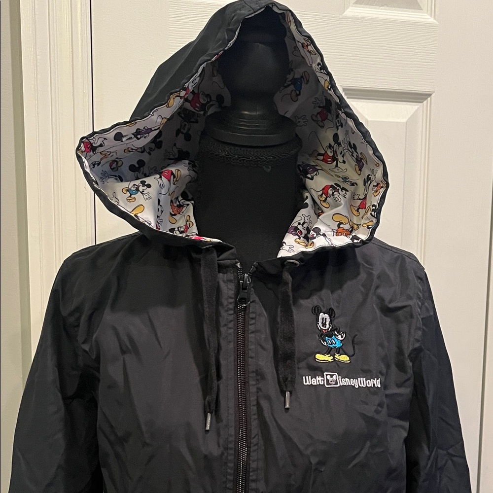 Disney Black Hooded Mickey Windbreaker Rain Jacket with Character-Lined Hood